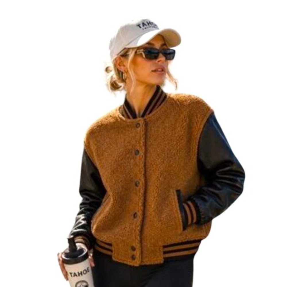 BLANKNYC Teddy Faux Fur Varsity Bomber Jacket Women S Brown Streetwear Edgy Moto